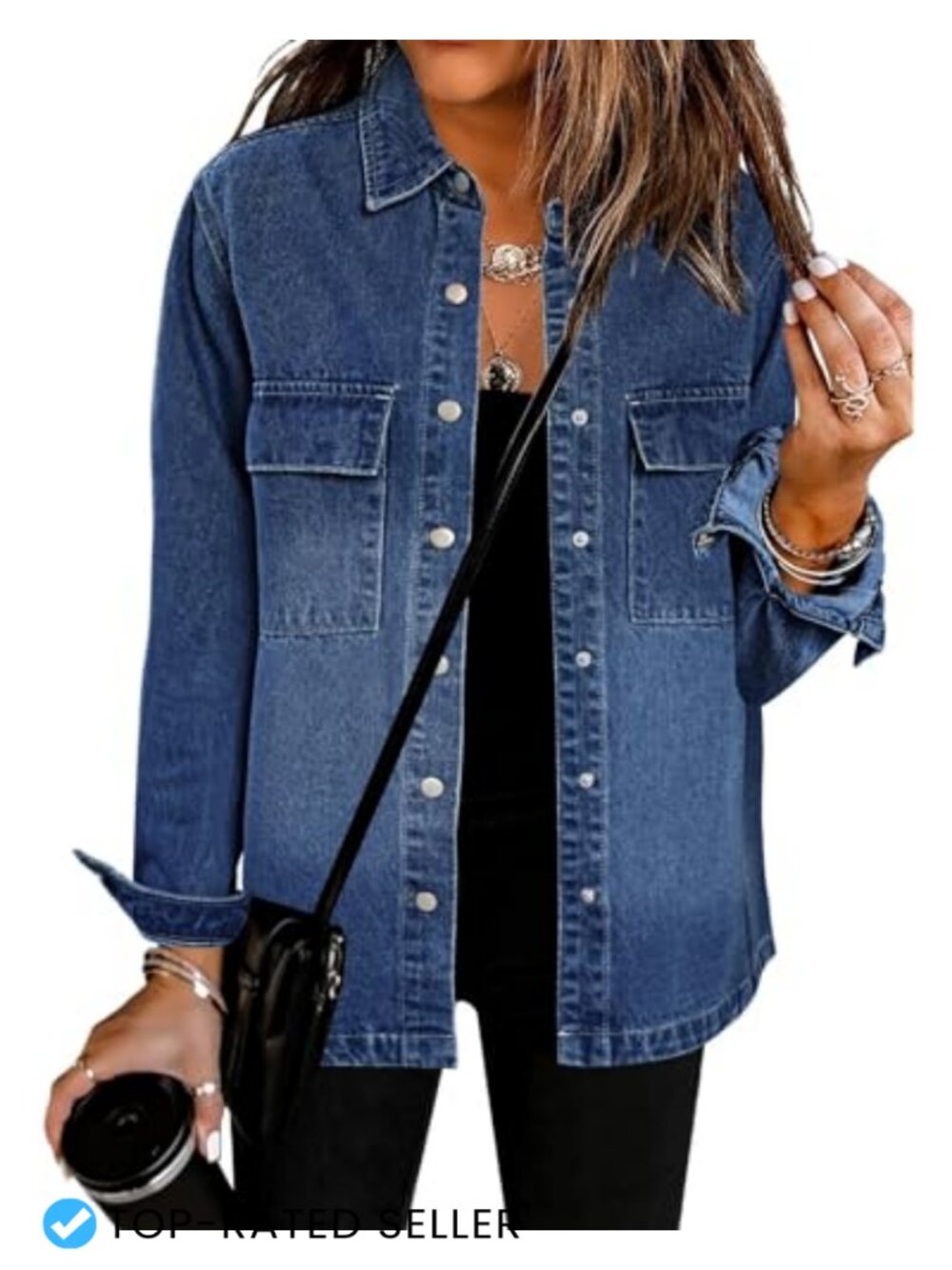 Oversized Denim Shacket for Women Button Down Long Sleeve Cotton Lightweight